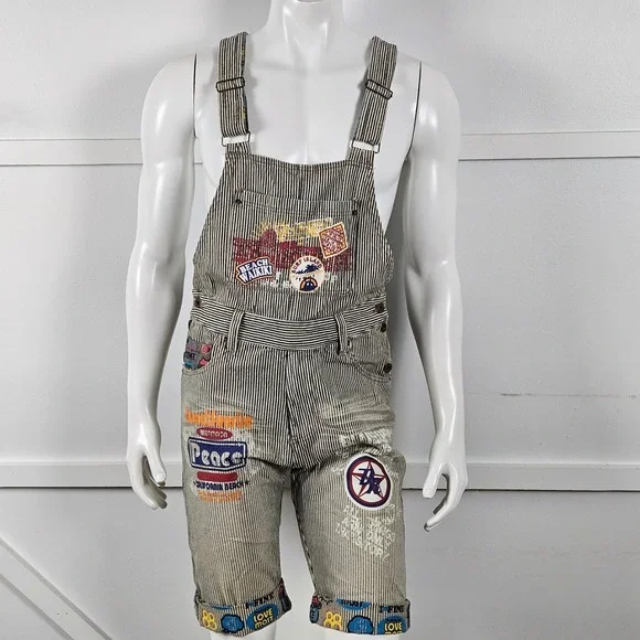 Clone Devgru Design Vintage Mens M Hickory Stripe Graphic Patch Short Overalls - Picture 5 of 8